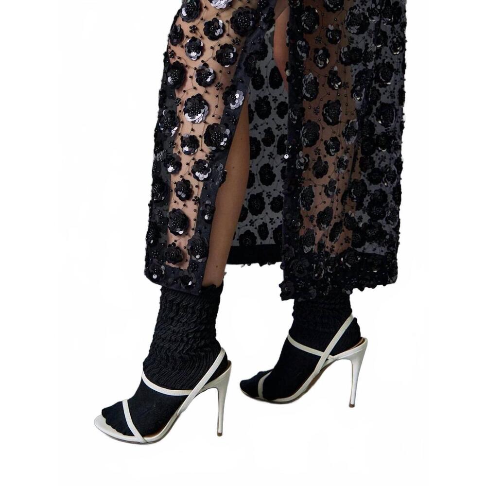 NEW ENGLISH FACTORY women's flower sequin sheer midi skirt in black - Picture 7 of 7